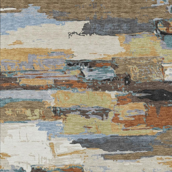 HomeRoots 5' Modern Abstract Area Rug in Brown, Blue, Ivory & Gold - Washable for Indoor/Outdoor Use, Durable Design 640398