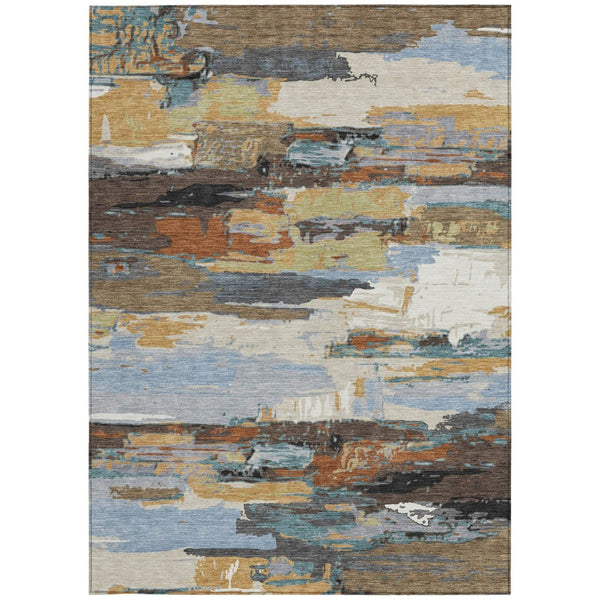 HomeRoots 5' Modern Abstract Area Rug in Brown, Blue, Ivory & Gold - Washable for Indoor/Outdoor Use, Durable Design 640398