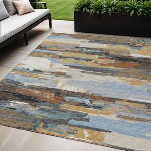 HomeRoots 5' Modern Abstract Area Rug in Brown, Blue, Ivory & Gold - Washable for Indoor/Outdoor Use, Durable Design 640398