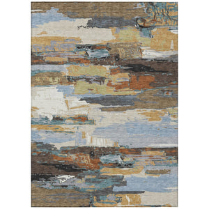 HomeRoots 5' Modern Abstract Area Rug in Brown, Blue, Ivory & Gold - Washable for Indoor/Outdoor Use, Durable Design 640398