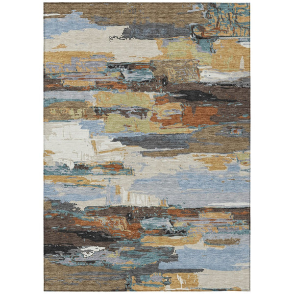 HomeRoots 5' Modern Abstract Area Rug in Brown, Blue, Ivory & Gold - Washable for Indoor/Outdoor Use, Durable Design 640398