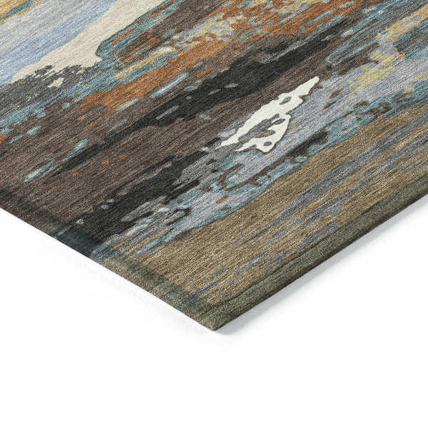 HomeRoots 5' Modern Abstract Area Rug in Brown, Blue, Ivory & Gold - Washable for Indoor/Outdoor Use, Durable Design 640398