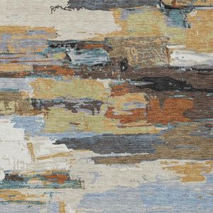 HomeRoots 5' Modern Abstract Area Rug in Brown, Blue, Ivory & Gold - Washable for Indoor/Outdoor Use, Durable Design 640398