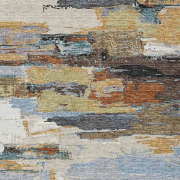 HomeRoots 5' Modern Abstract Area Rug in Brown, Blue, Ivory & Gold - Washable for Indoor/Outdoor Use, Durable Design 640398