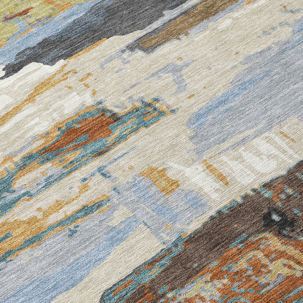 HomeRoots 5' Modern Abstract Area Rug in Brown, Blue, Ivory & Gold - Washable for Indoor/Outdoor Use, Durable Design 640398