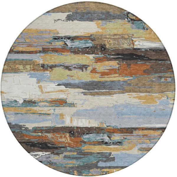HomeRoots 8' Round Abstract Area Rug in Brown, Blue, Ivory & Gold – Washable, Durable, Indoor/Outdoor Style! 640399