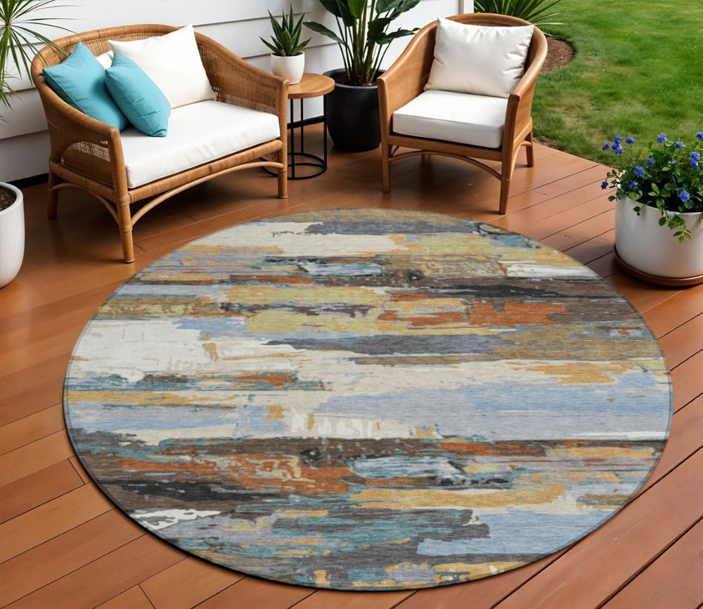 HomeRoots 8' Round Abstract Area Rug in Brown, Blue, Ivory & Gold – Washable, Durable, Indoor/Outdoor Style! 640399