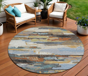 HomeRoots 8' Round Abstract Area Rug in Brown, Blue, Ivory & Gold – Washable, Durable, Indoor/Outdoor Style! 640399