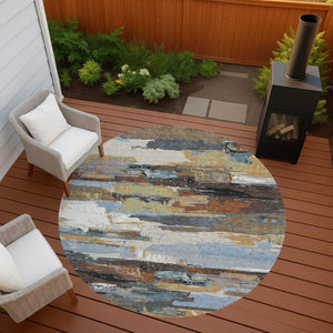 HomeRoots 8' Round Abstract Area Rug in Brown, Blue, Ivory & Gold – Washable, Durable, Indoor/Outdoor Style! 640399