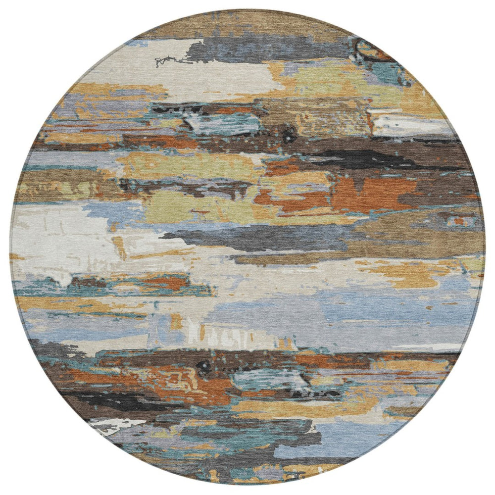 HomeRoots 8' Round Abstract Area Rug in Brown, Blue, Ivory & Gold – Washable, Durable, Indoor/Outdoor Style! 640399