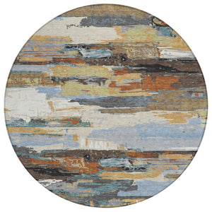 HomeRoots 8' Round Abstract Area Rug in Brown, Blue, Ivory & Gold – Washable, Durable, Indoor/Outdoor Style! 640399