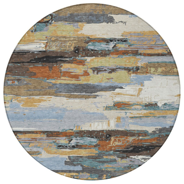 HomeRoots 8' Round Abstract Area Rug in Brown, Blue, Ivory & Gold – Washable, Durable, Indoor/Outdoor Style! 640399