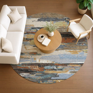HomeRoots 8' Round Abstract Area Rug in Brown, Blue, Ivory & Gold – Washable, Durable, Indoor/Outdoor Style! 640399