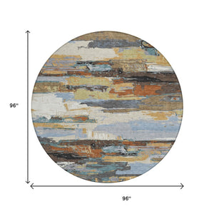 HomeRoots 8' Round Abstract Area Rug in Brown, Blue, Ivory & Gold – Washable, Durable, Indoor/Outdoor Style! 640399