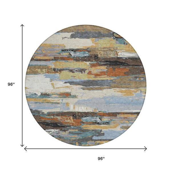 HomeRoots 8' Round Abstract Area Rug in Brown, Blue, Ivory & Gold – Washable, Durable, Indoor/Outdoor Style! 640399