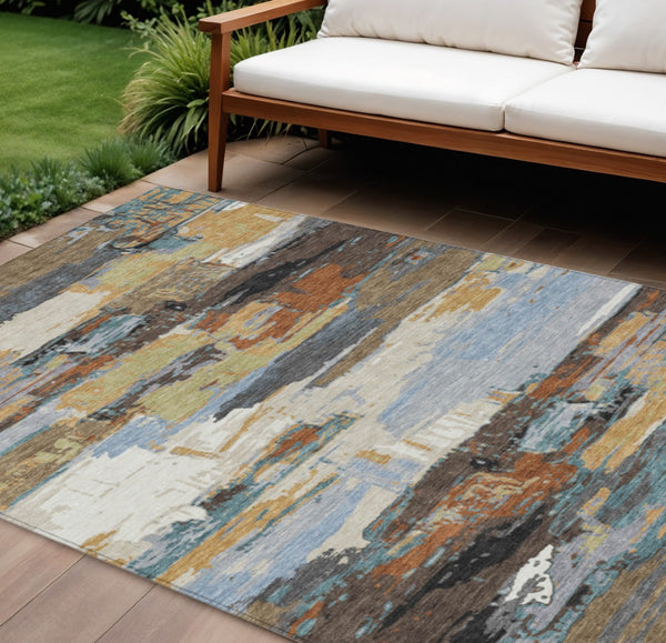 HomeRoots 8' X 10' Abstract Washable Area Rug in Brown, Blue, Ivory & Gold - Perfect for Indoor & Outdoor Use! 640400