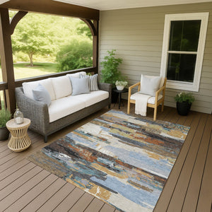 HomeRoots 8' X 10' Abstract Washable Area Rug in Brown, Blue, Ivory & Gold - Perfect for Indoor & Outdoor Use! 640400