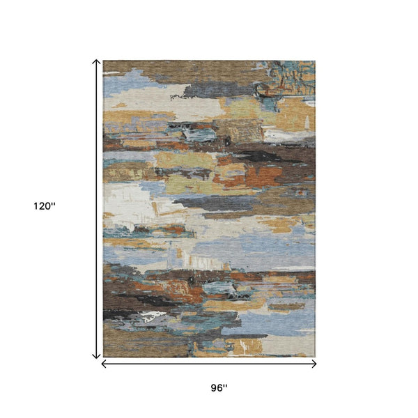 HomeRoots 8' X 10' Abstract Washable Area Rug in Brown, Blue, Ivory & Gold - Perfect for Indoor & Outdoor Use! 640400