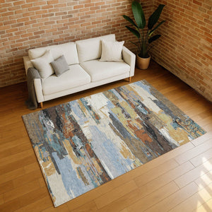 HomeRoots 8' X 10' Abstract Washable Area Rug in Brown, Blue, Ivory & Gold - Perfect for Indoor & Outdoor Use! 640400