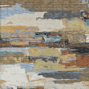 HomeRoots 10' Abstract Washable Area Rug in Brown, Blue, Ivory & Gold - Stylish Durable Design for Indoors & Outdoors 640402