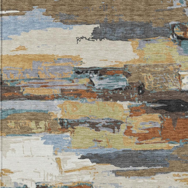 HomeRoots 10' Abstract Washable Area Rug in Brown, Blue, Ivory & Gold - Stylish Durable Design for Indoors & Outdoors 640402