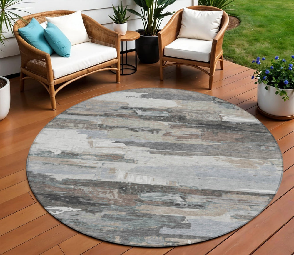 HomeRoots 8' Taupe Gray and Silver Round Abstract Area Rug - Stylish, Washable, Durable for Indoor & Outdoor Use 640405