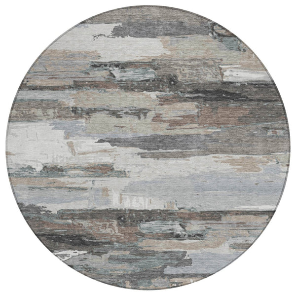 HomeRoots 8' Taupe Gray and Silver Round Abstract Area Rug - Stylish, Washable, Durable for Indoor & Outdoor Use 640405
