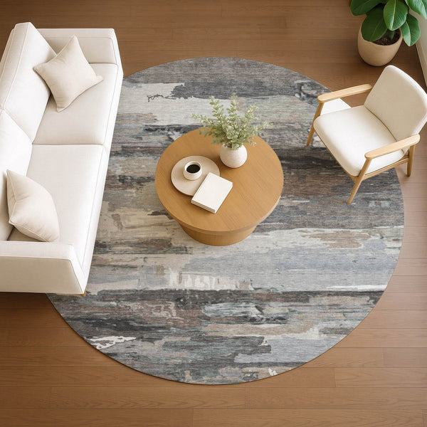 HomeRoots 8' Taupe Gray and Silver Round Abstract Area Rug - Stylish, Washable, Durable for Indoor & Outdoor Use 640405