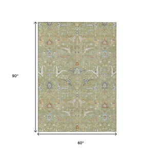 HomeRoots 5' Floral Artichoke Green and Sky Blue Washable Area Rug - Perfect for Indoor and Outdoor Spaces! 640411