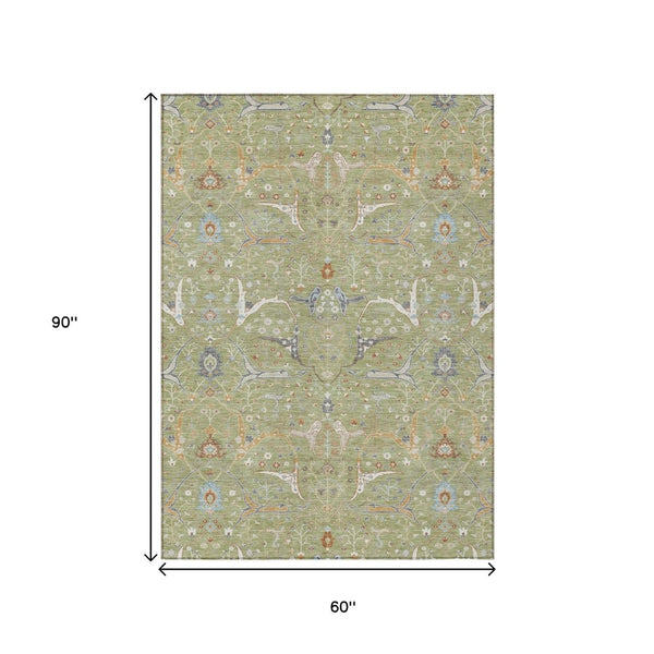 HomeRoots 5' Floral Artichoke Green and Sky Blue Washable Area Rug - Perfect for Indoor and Outdoor Spaces! 640411