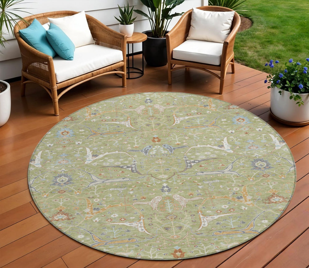HomeRoots 8' Round Floral Area Rug in Artichoke Green & Sky Blue - Durable, Washable, Indoor/Outdoor Use! 640412