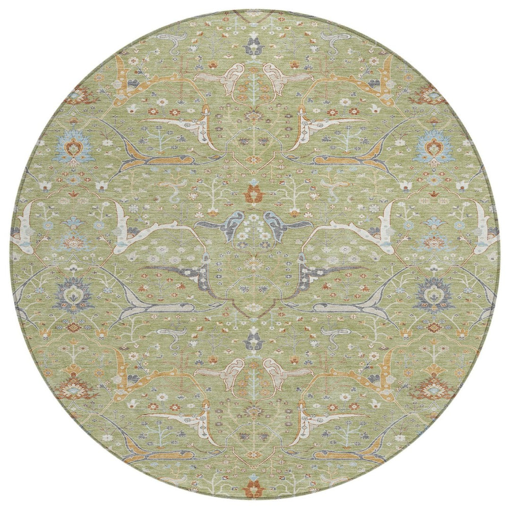 HomeRoots 8' Round Floral Area Rug in Artichoke Green & Sky Blue - Durable, Washable, Indoor/Outdoor Use! 640412