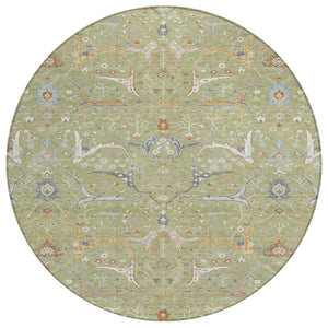 HomeRoots 8' Round Floral Area Rug in Artichoke Green & Sky Blue - Durable, Washable, Indoor/Outdoor Use! 640412