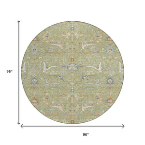 HomeRoots 8' Round Floral Area Rug in Artichoke Green & Sky Blue - Durable, Washable, Indoor/Outdoor Use! 640412