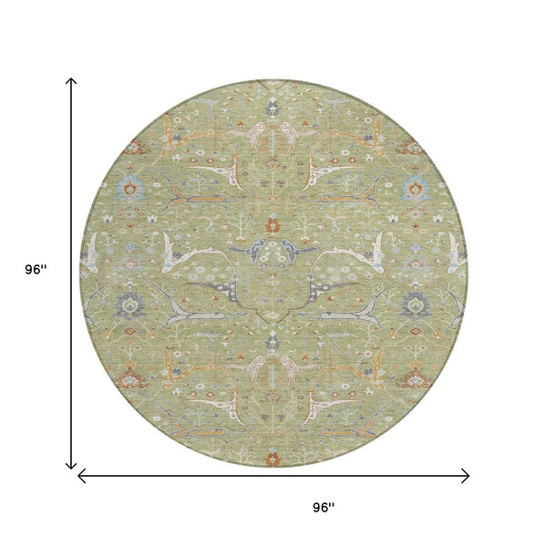 HomeRoots 8' Round Floral Area Rug in Artichoke Green & Sky Blue - Durable, Washable, Indoor/Outdoor Use! 640412