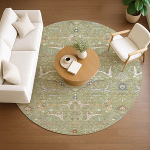 HomeRoots 8' Round Floral Area Rug in Artichoke Green & Sky Blue - Durable, Washable, Indoor/Outdoor Use! 640412