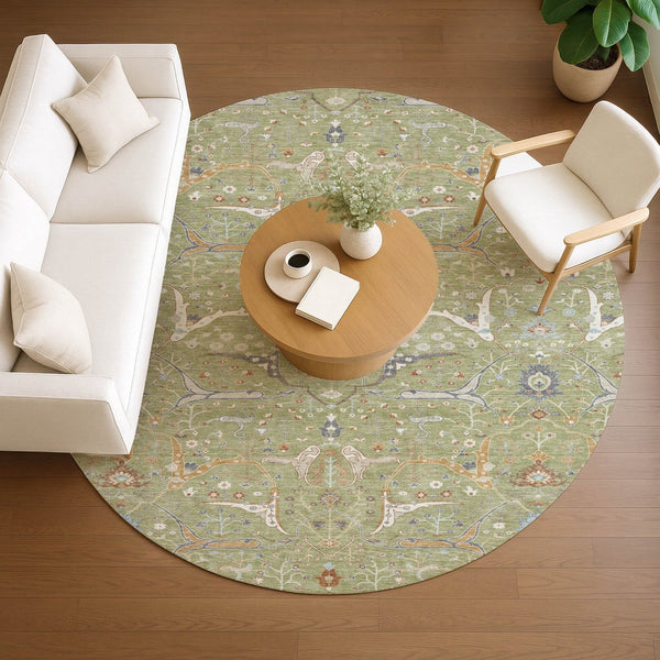 HomeRoots 8' Round Floral Area Rug in Artichoke Green & Sky Blue - Durable, Washable, Indoor/Outdoor Use! 640412