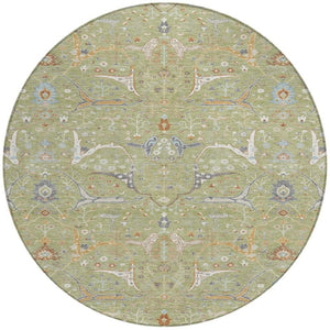 HomeRoots 8' Round Floral Area Rug in Artichoke Green & Sky Blue - Durable, Washable, Indoor/Outdoor Use! 640412