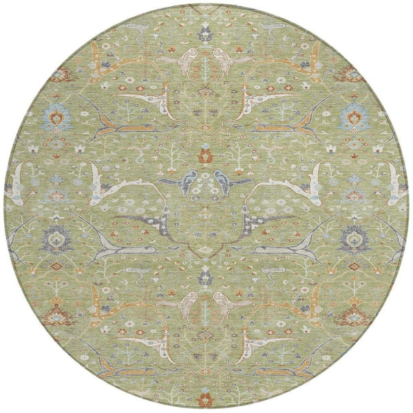 HomeRoots 8' Round Floral Area Rug in Artichoke Green & Sky Blue - Durable, Washable, Indoor/Outdoor Use! 640412