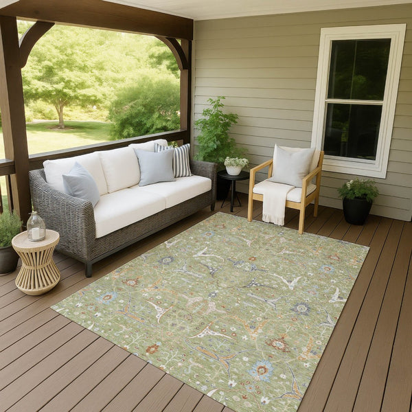 HomeRoots 8' X 10' Floral Washable Area Rug in Artichoke Green & Sky Blue - Durable, Stylish & Versatile! 640413