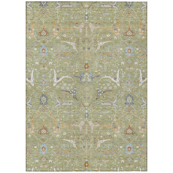 HomeRoots 8' X 10' Floral Washable Area Rug in Artichoke Green & Sky Blue - Durable, Stylish & Versatile! 640413