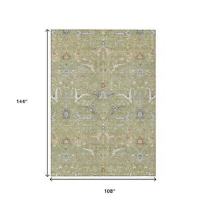 HomeRoots 9' X 12' Floral Area Rug in Artichoke Green & Sky Blue - Washable & Durable for Indoor/Outdoor Use 640414