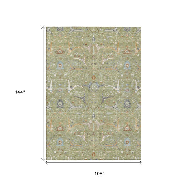 HomeRoots 9' X 12' Floral Area Rug in Artichoke Green & Sky Blue - Washable & Durable for Indoor/Outdoor Use 640414