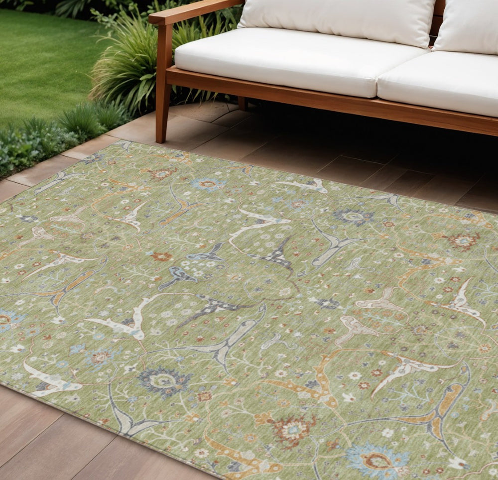 HomeRoots 9' X 12' Floral Area Rug in Artichoke Green & Sky Blue - Washable & Durable for Indoor/Outdoor Use 640414