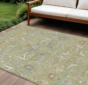 HomeRoots 9' X 12' Floral Area Rug in Artichoke Green & Sky Blue - Washable & Durable for Indoor/Outdoor Use 640414