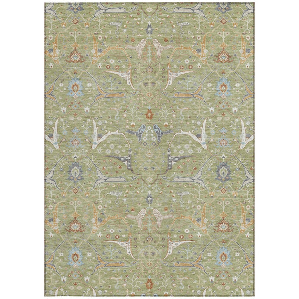 HomeRoots 10' X 14' Washable Floral Area Rug in Artichoke Green & Sky Blue - Durable for Indoor/Outdoor Use 640415