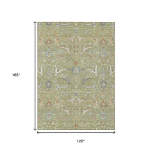 HomeRoots 10' X 14' Washable Floral Area Rug in Artichoke Green & Sky Blue - Durable for Indoor/Outdoor Use 640415