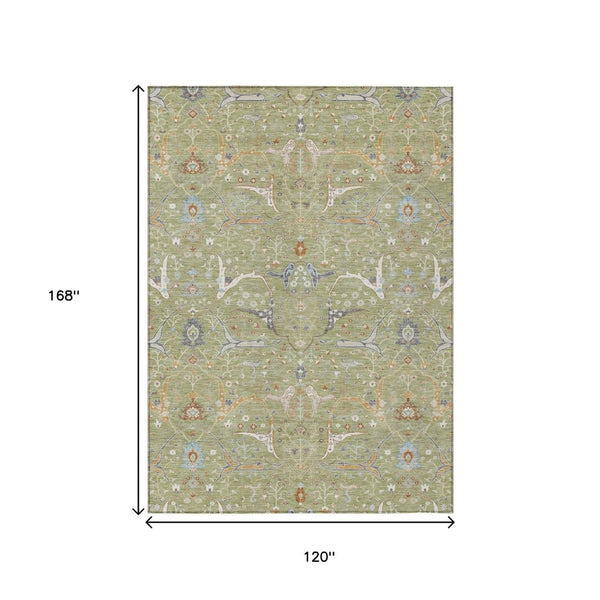 HomeRoots 10' X 14' Washable Floral Area Rug in Artichoke Green & Sky Blue - Durable for Indoor/Outdoor Use 640415