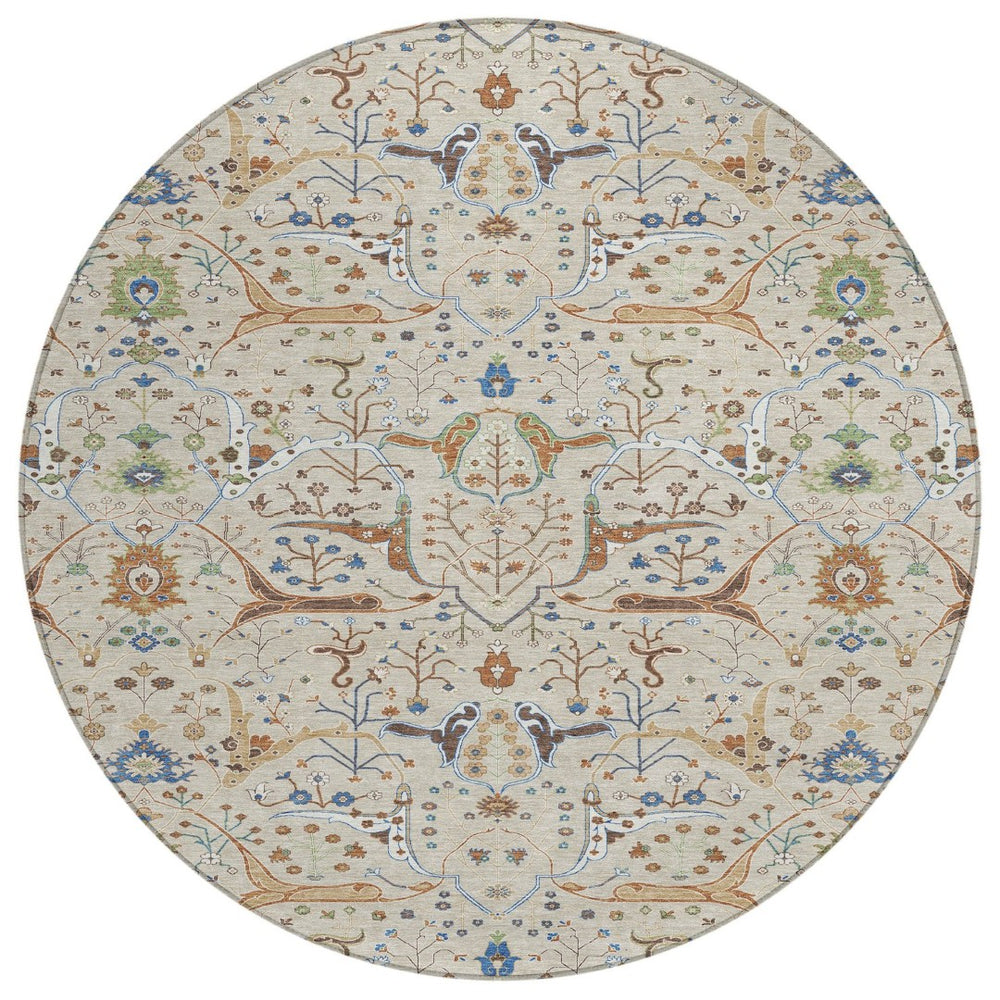 HomeRoots 8' Round Floral Area Rug in Beige, Green, and Blue - Washable, Durable, Indoor/Outdoor Decor Essential 640418