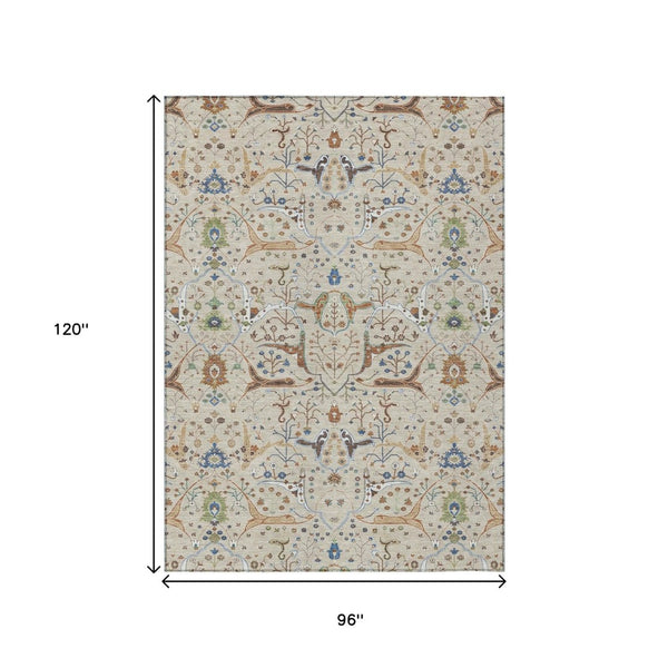 HomeRoots 8' X 10' Beige Green & Blue Floral Washable Area Rug – Durable, Stylish for Indoors & Outdoors! 640419